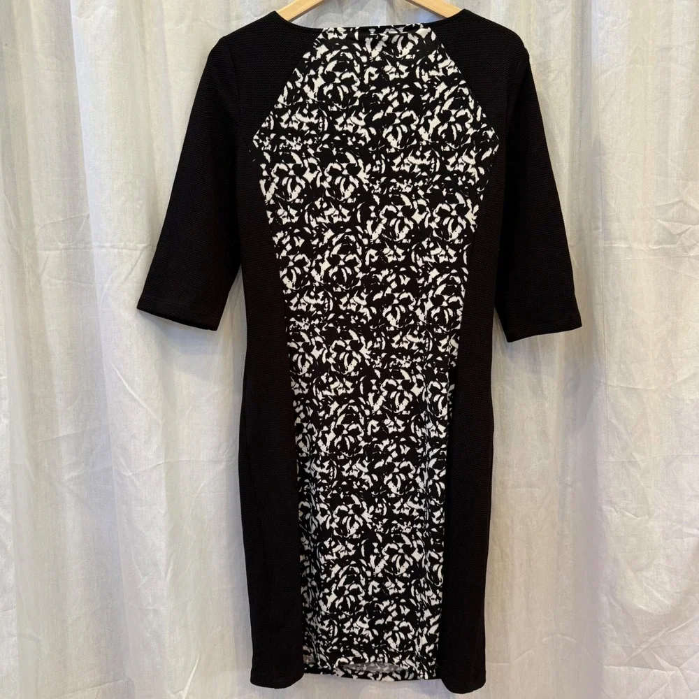 Chaps Women's Black White Abstract Print Ruched Sheath Dress Size 16‎